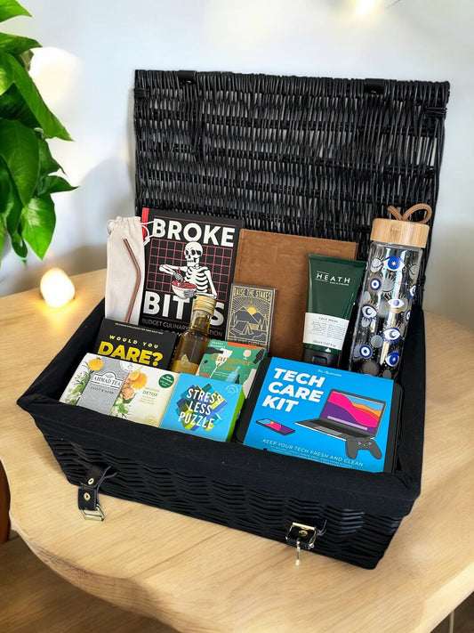 University starter hamper for him with snacks, treats, and essentials to make moving into student life comfortable and enjoyable.