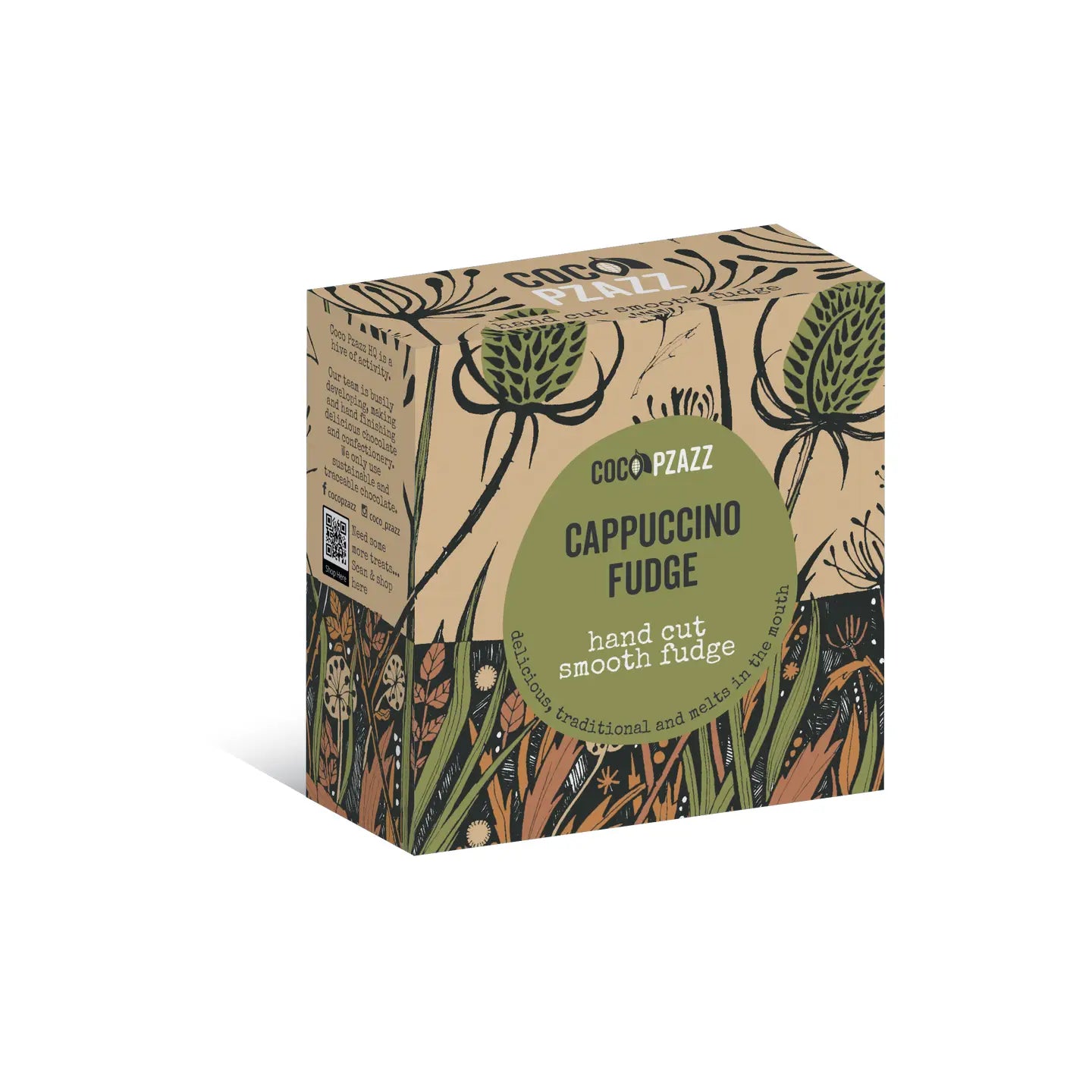 Traditional hand cut cappuccino fudge with artistic packaging.