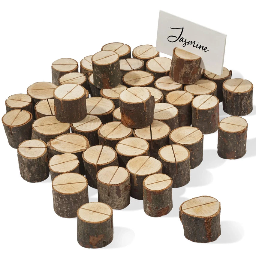Wedding Pine Wooden Table Place Card Holders for rustic event decor.