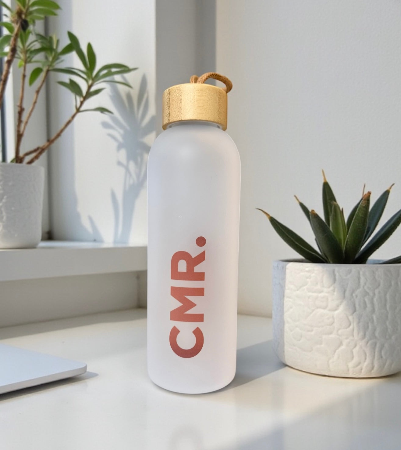 Frosted Glass Water Bottle with Bamboo Lid 750ml (can be personalised)
