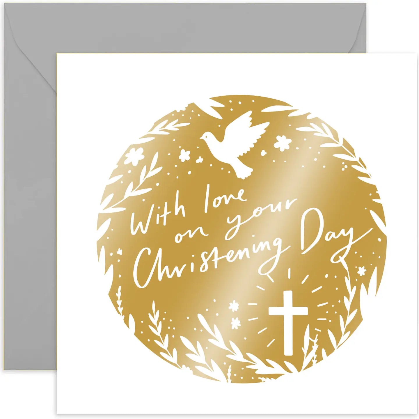 White and gold Christening card with dove and cross design, paired with a silver envelope.