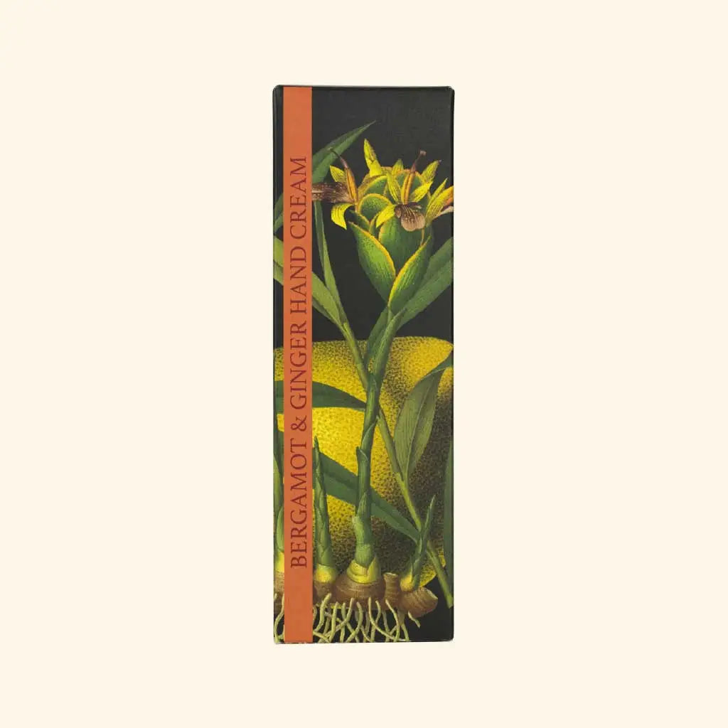 Luxurious Bergamot and Ginger Hand Cream with botanical illustrations from Kew Gardens.