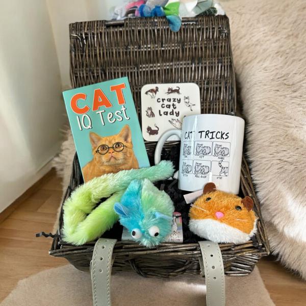 Cat Lady gift basket with a Cat IQ Test, Cat Tricks mug, and plush cat toys.