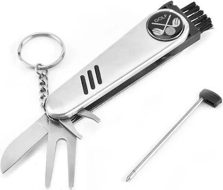 Compact all-in-one golf multi tool with divot repair tool, ball markers, and detachable pen.