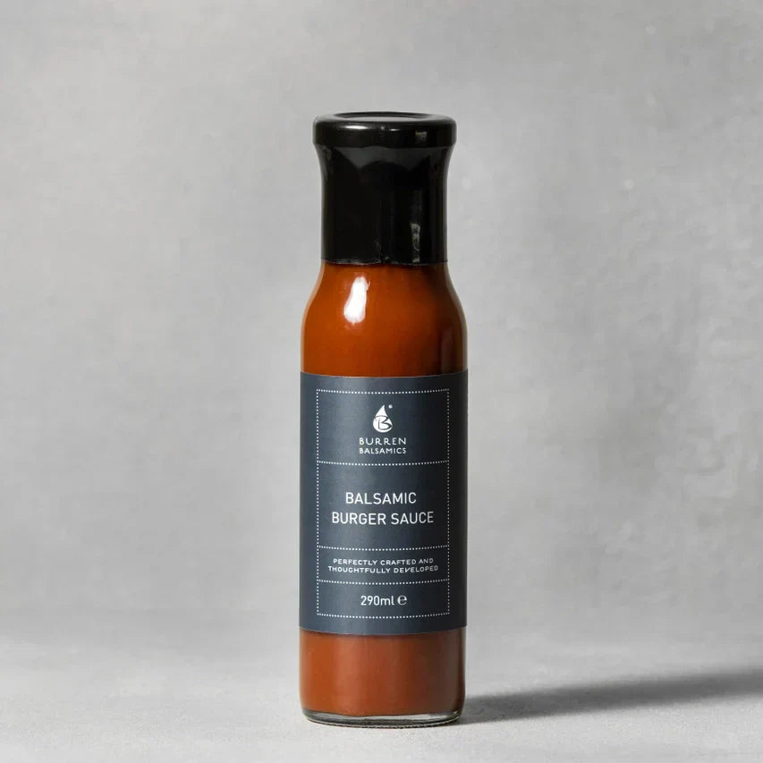 Balsamic Burger Sauce bottle with white balsamic condiment for gourmet burgers.