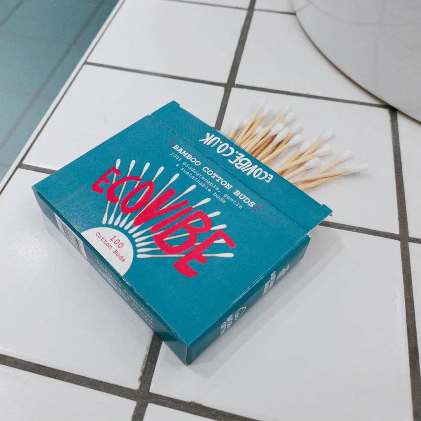 Eco friendly bamboo and cotton buds pack of 100 on tiled surface.