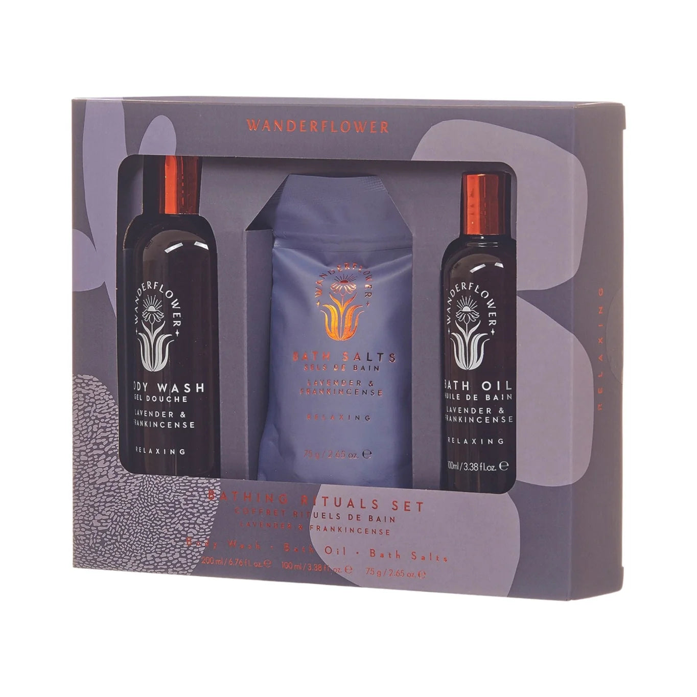 Bathing Rituals Set - Lavender & Frankincense, three-piece bath set, essential oils, vegan formula.