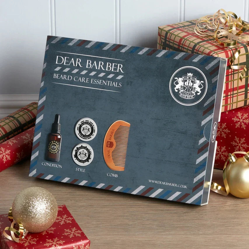 Beard Care Essentials Gift Set with Oil, Balm, Wax, and Comb in festive packaging.