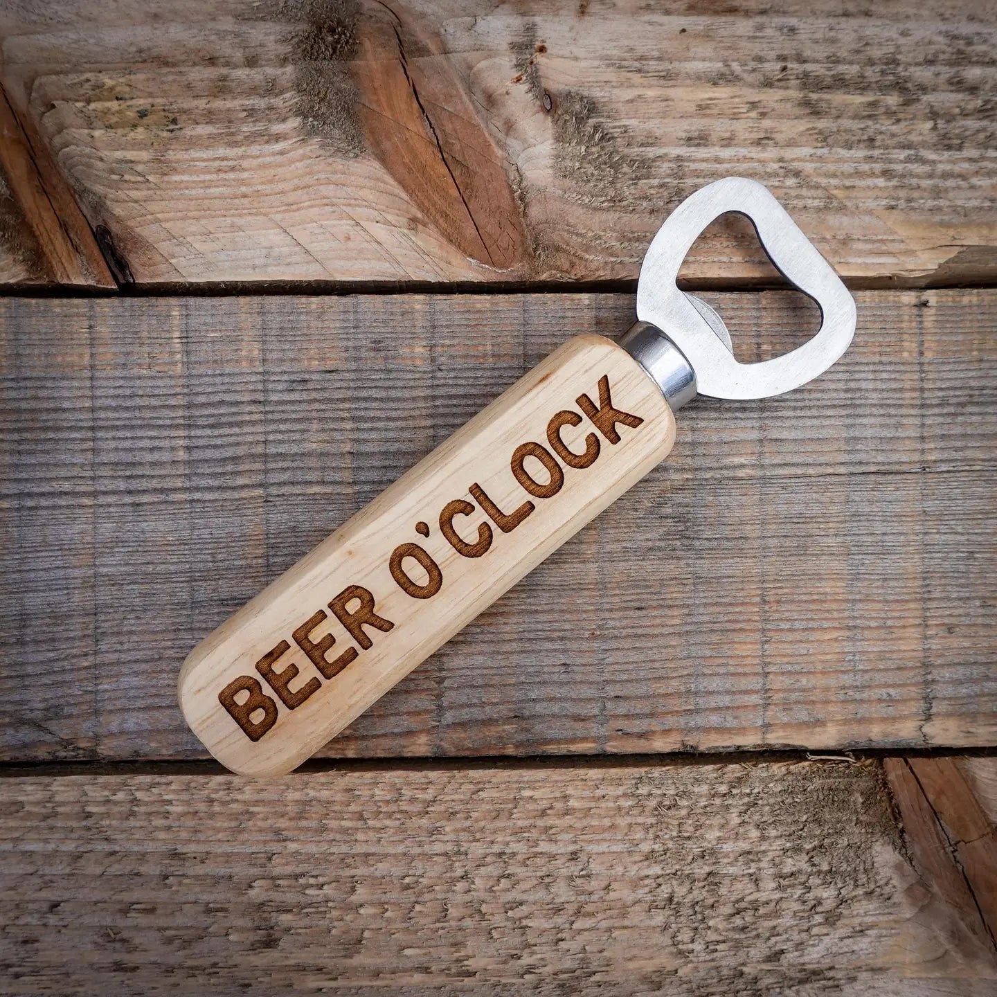 Wonderfully rustic laser engraved Beer O'Clock Bottle Opener makes a superb beer lovers gift.