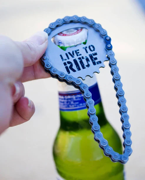Cycle Lovers Bike Chain Bottle Opener with "Live to Ride" inscription.