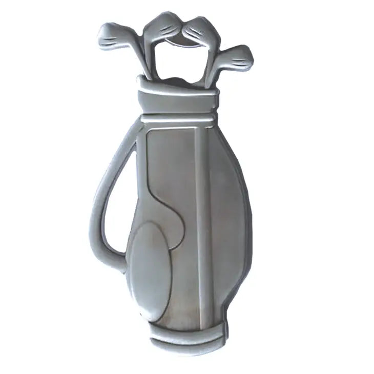Stylish zinc golf bag bottle opener crafted from durable zinc alloy.