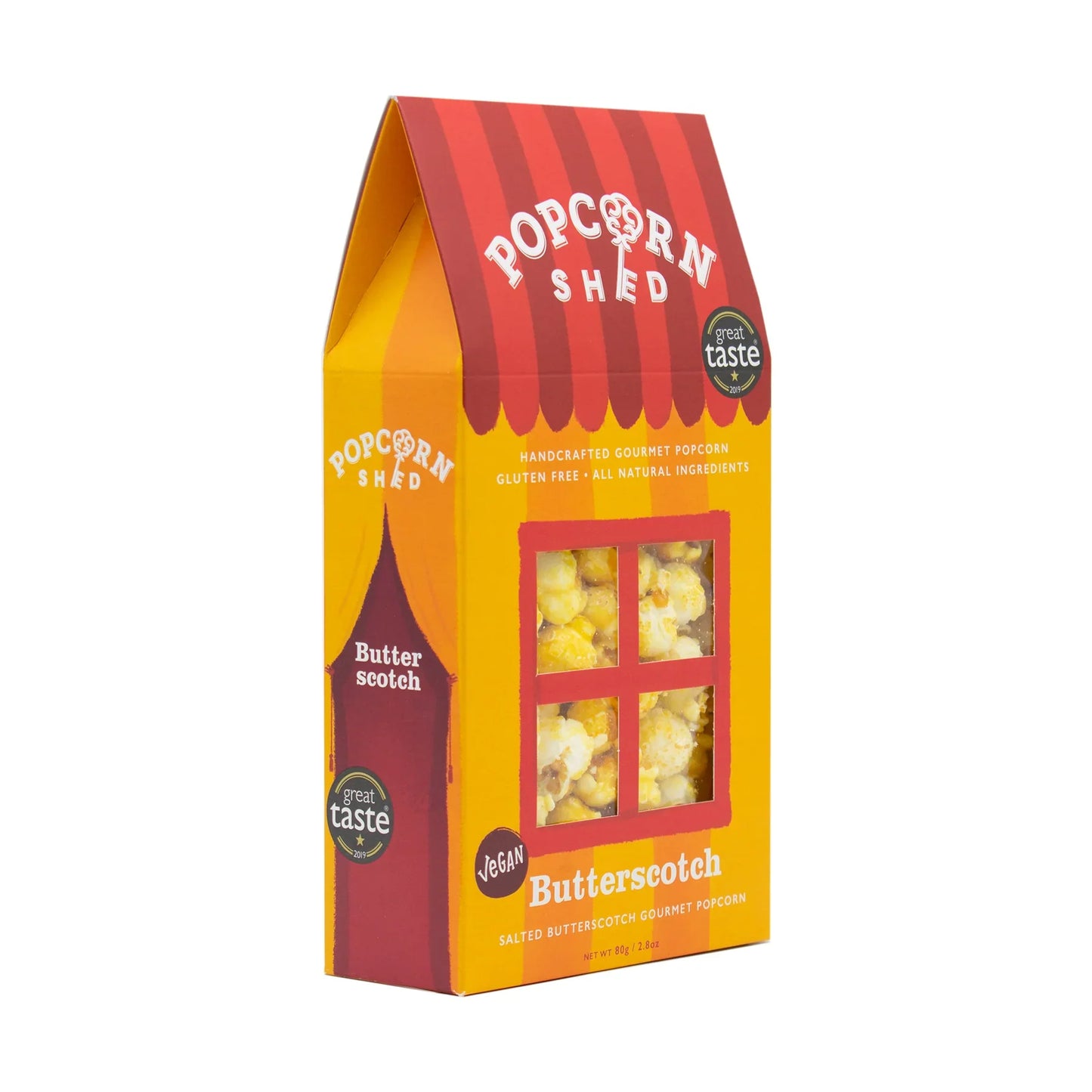 Butterscotch popcorn Shed packaging with vegan label.
