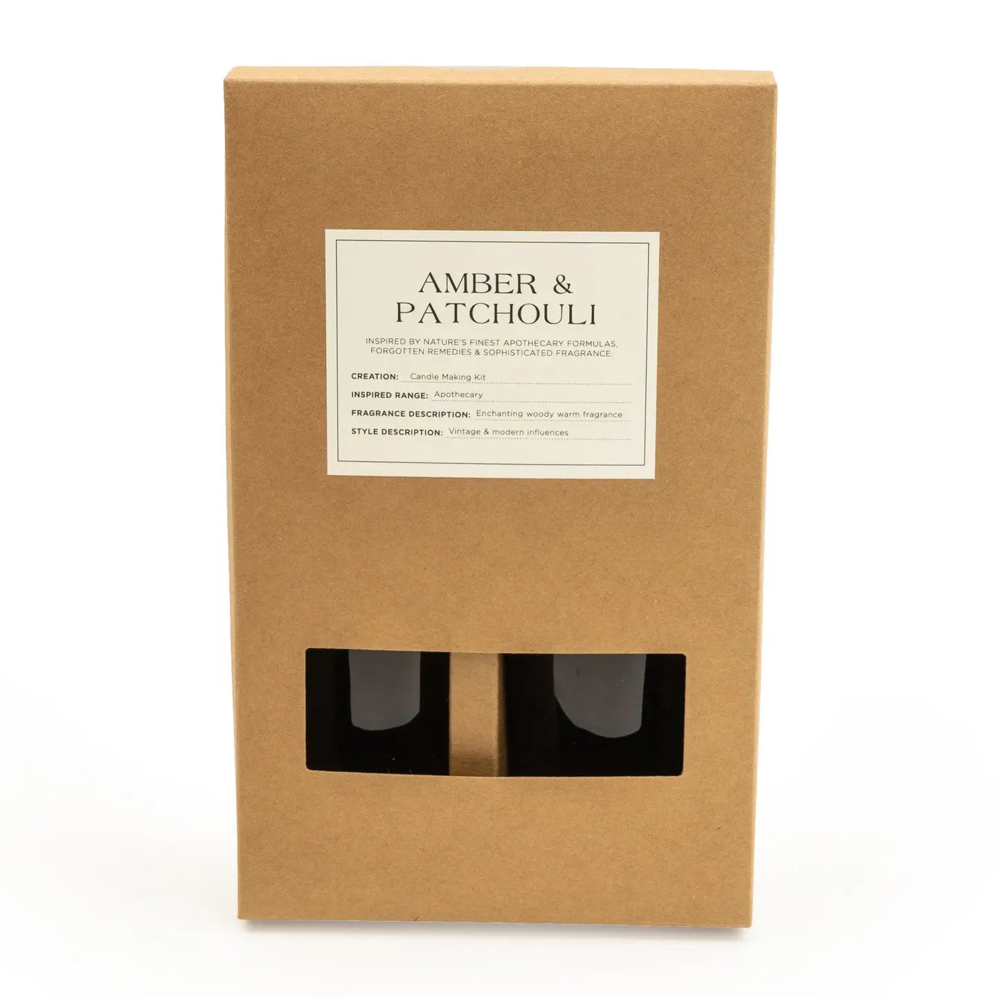 Candle Making Gift Set with Amber and Patchouli fragrance in a brown box.