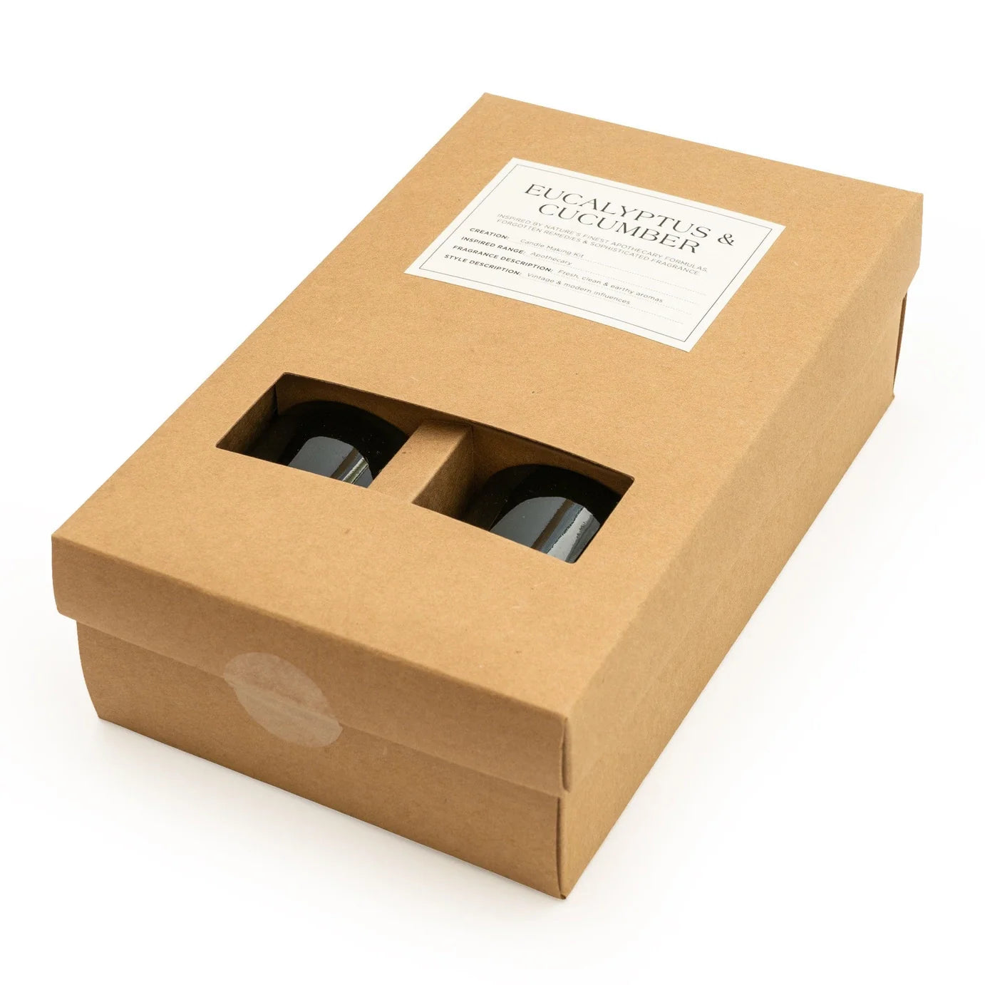 Candle Making Gift Set with Eucalyptus and Cucumber scents in vintage olive green packaging.