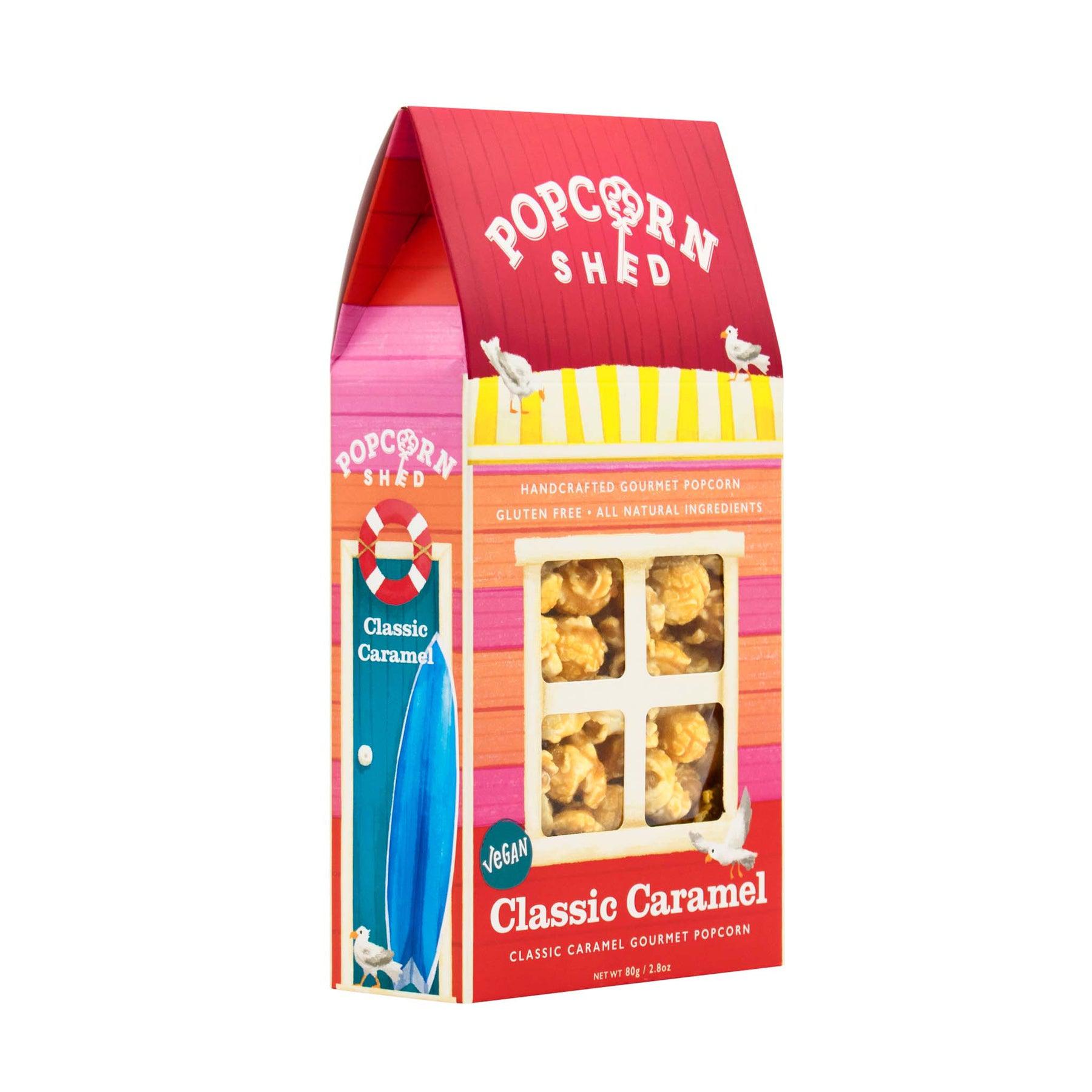 Classic Caramel Popcorn in colorful shed-themed packaging.