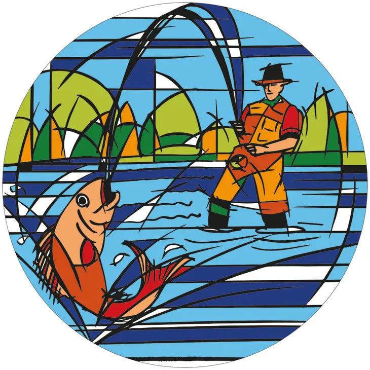 Bright and colorful fishing lovers drink coaster with fisherman illustration.