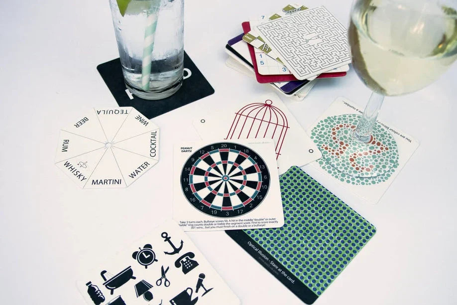 Bar games drinks coasters with puzzles and games, perfect for pub entertainment.
