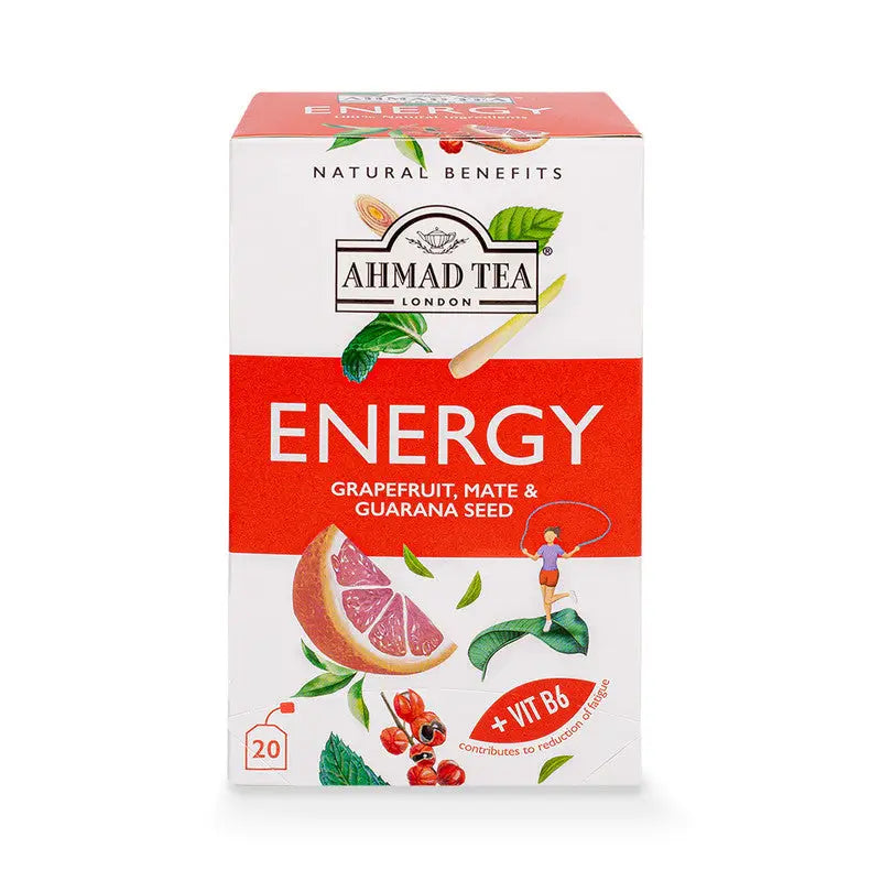 Energy Blend Teabags packaging with grapefruit, mate, and guarana seed design.