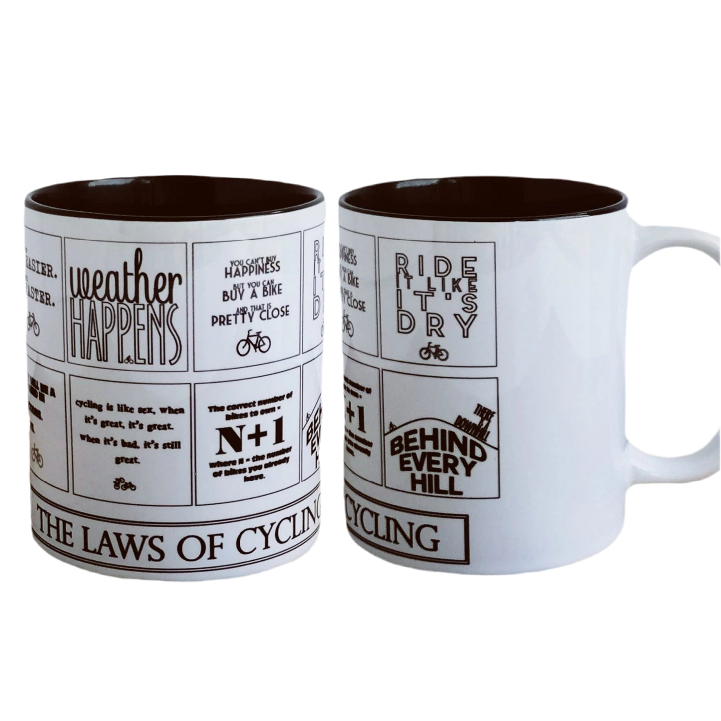 Weather happens, the laws of cycling mug.
