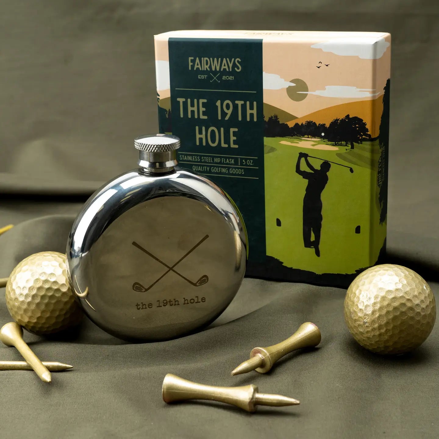 Stainless steel silver hip flask called “The 19th Hole,” packaged in a stylish gift box, ideal gift for golfers and special occasions.