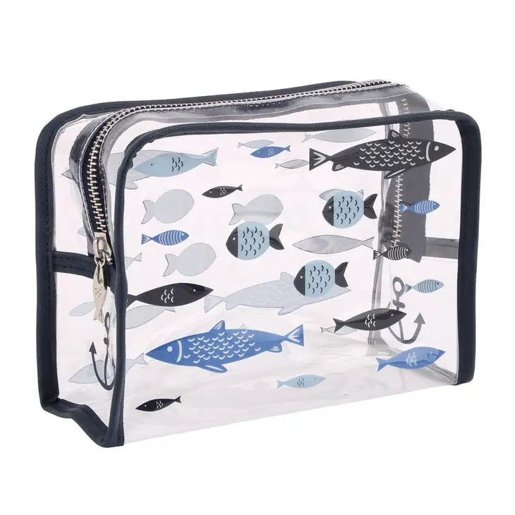 Clear wash bag with fishing motif design and playful fish patterns.
