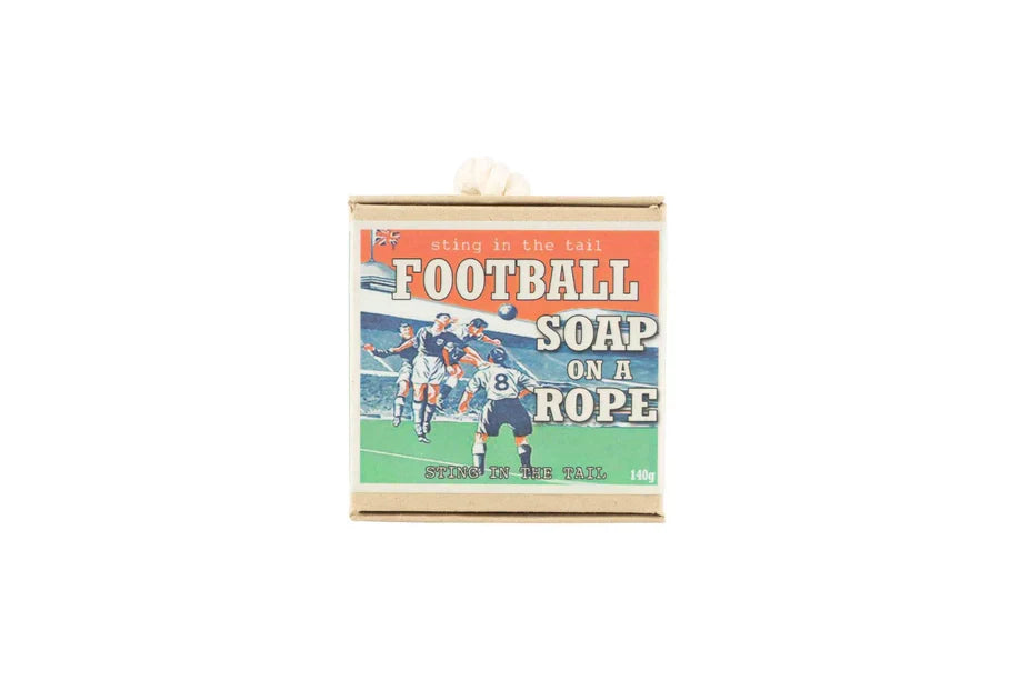 Football Themed Soap on a Rope packaging with sporty design.