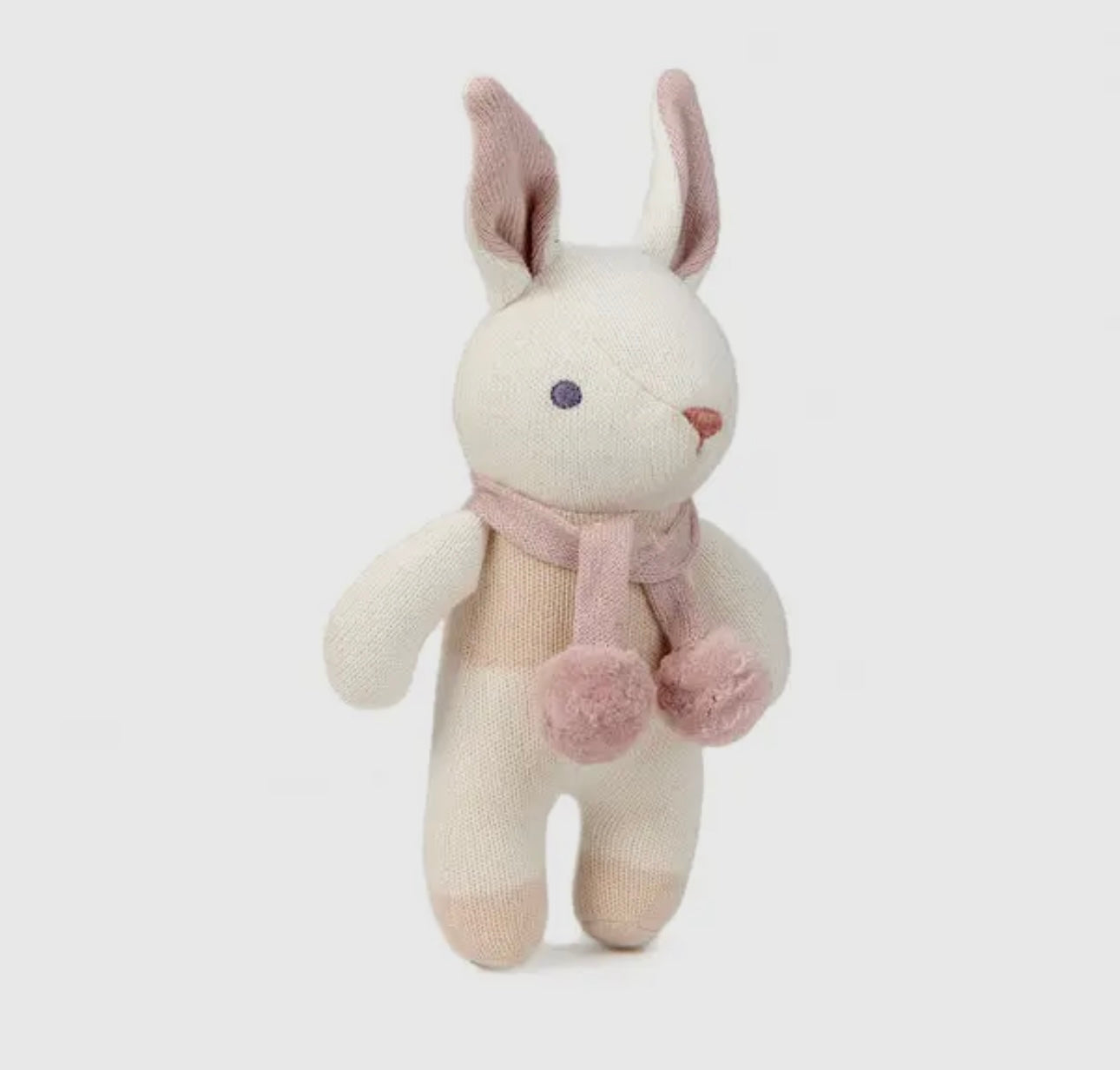 Charming knitted pink and cream bunny rattle with pom pom scarf on display card