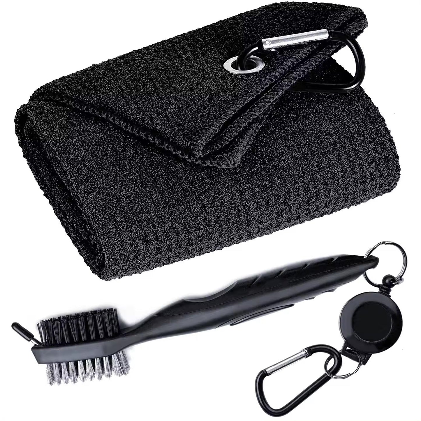 Golf Microfibre Towel Brush Kit with carabiner clip and club brush for easy storage and use.