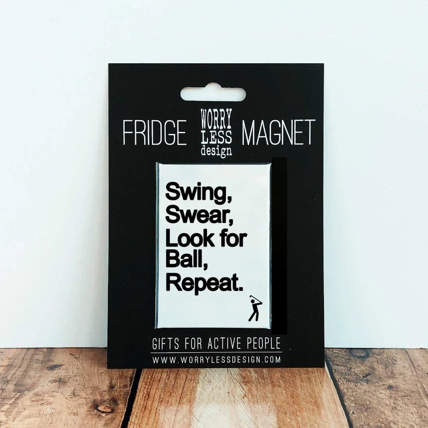 Golfers Lovers fridge magnet with "Swing Swear Look for Ball Repeat" text on black branded card.