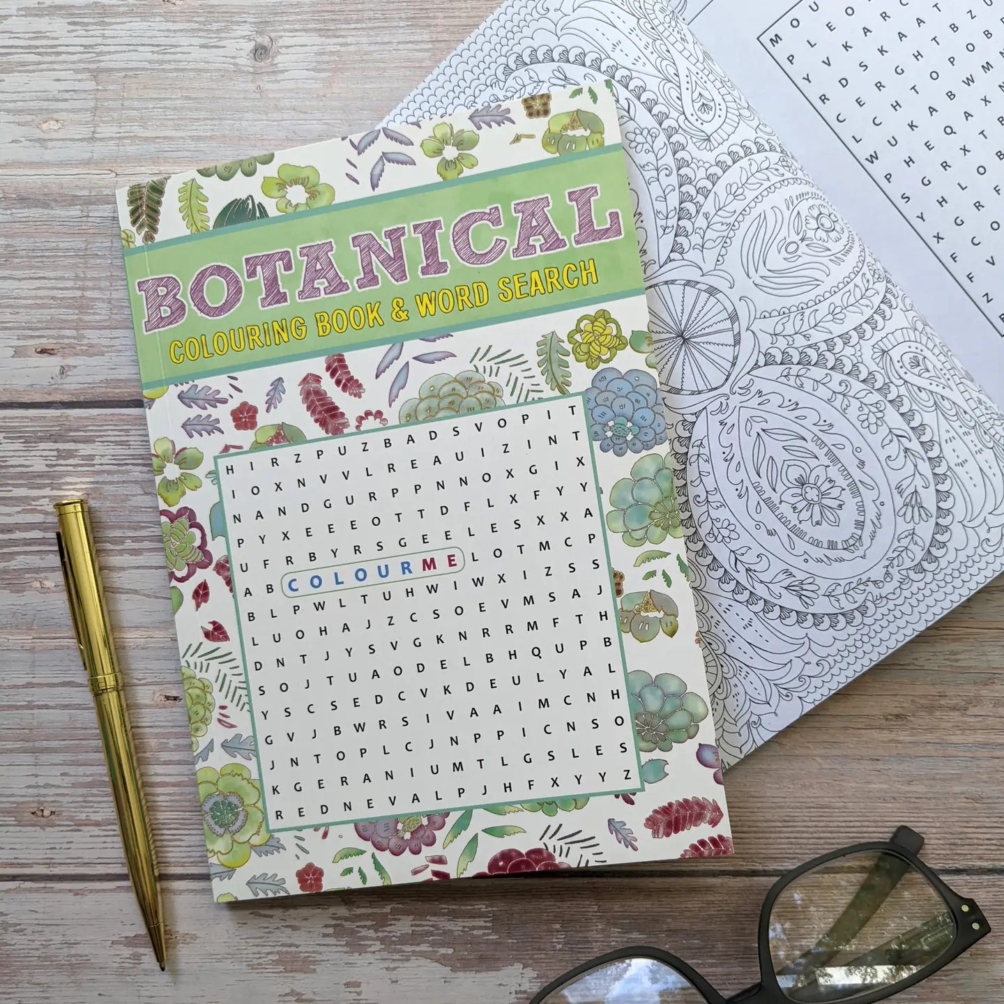 Grown Up Colouring and Word Search book with botanical designs and 52 puzzles.