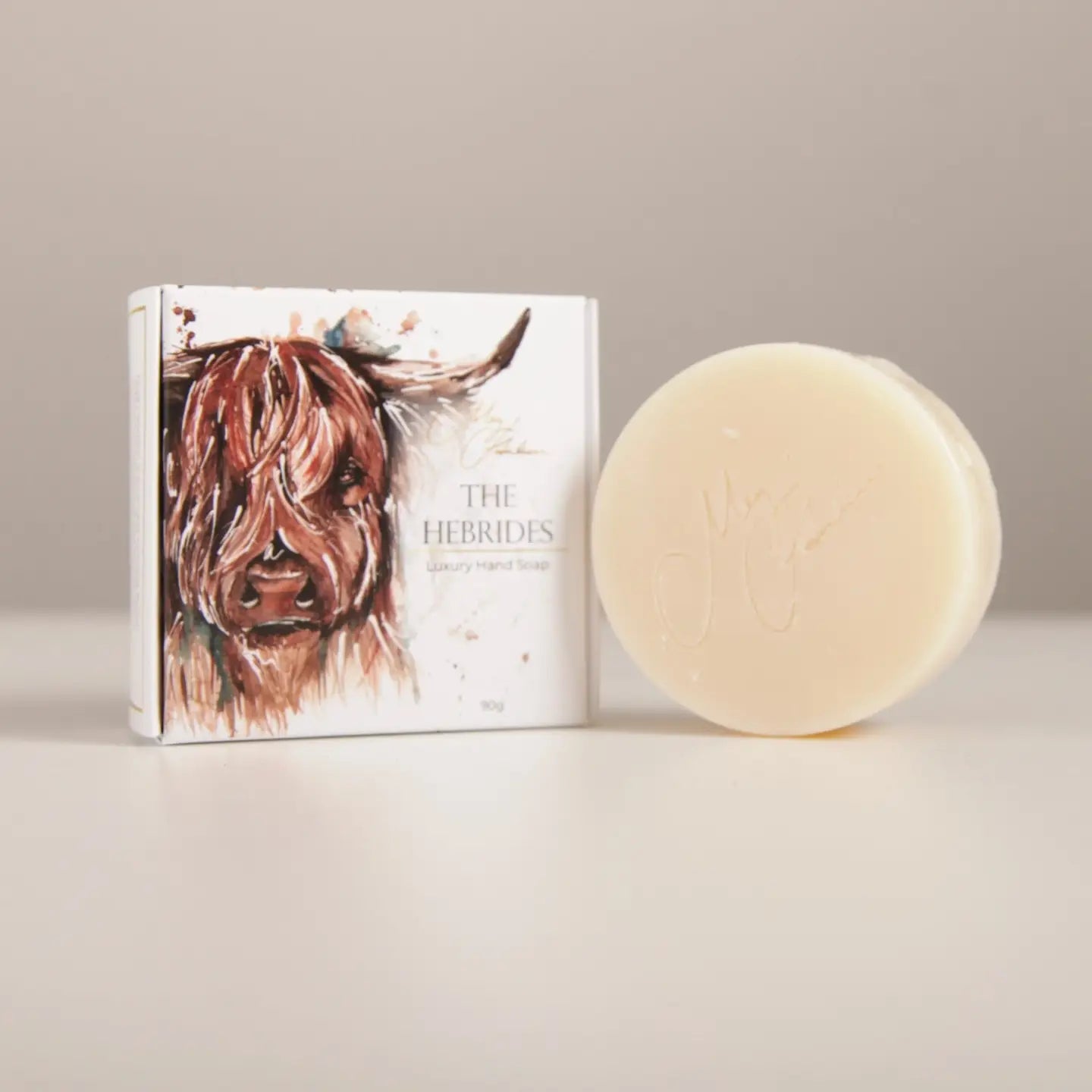 Highland Cow Design 'The Hebrides' rose and lime scented soap with original watercolour art, handmade in the UK.