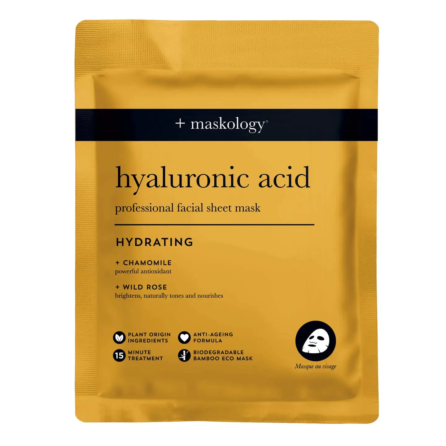 Hyaluronic Acid professional sheet mask with intense hydration by Maskology, featuring chamomile and wild rose.