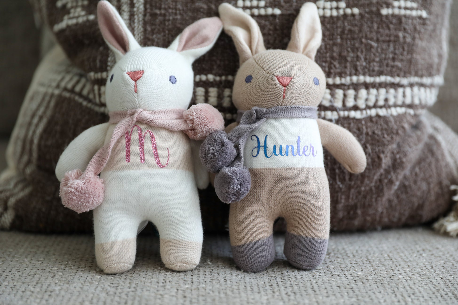 Knitted bunny rattle toy with personalisation