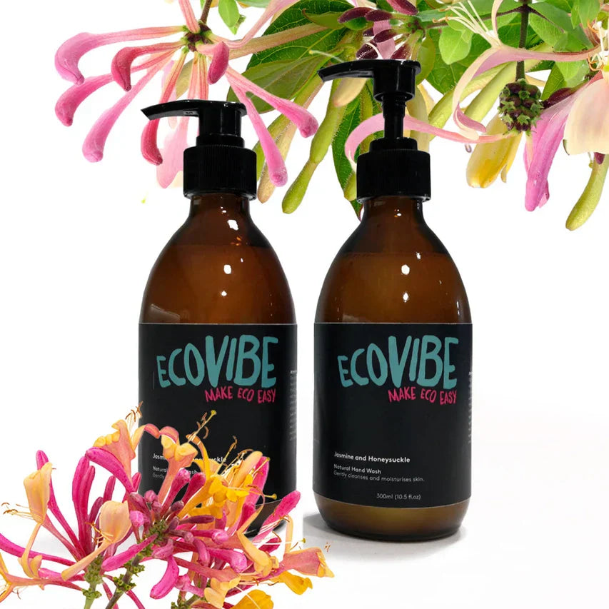 Eco Friendly Jasmine and Honeysuckle Natural Hand Wash 300ml in reusable glass bottles.