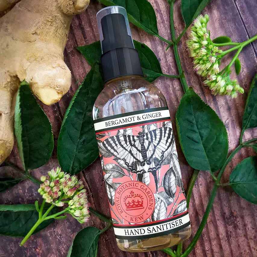 Bergamot and Ginger hand sanitiser in 100ml bottle with natural ingredients and floral design.