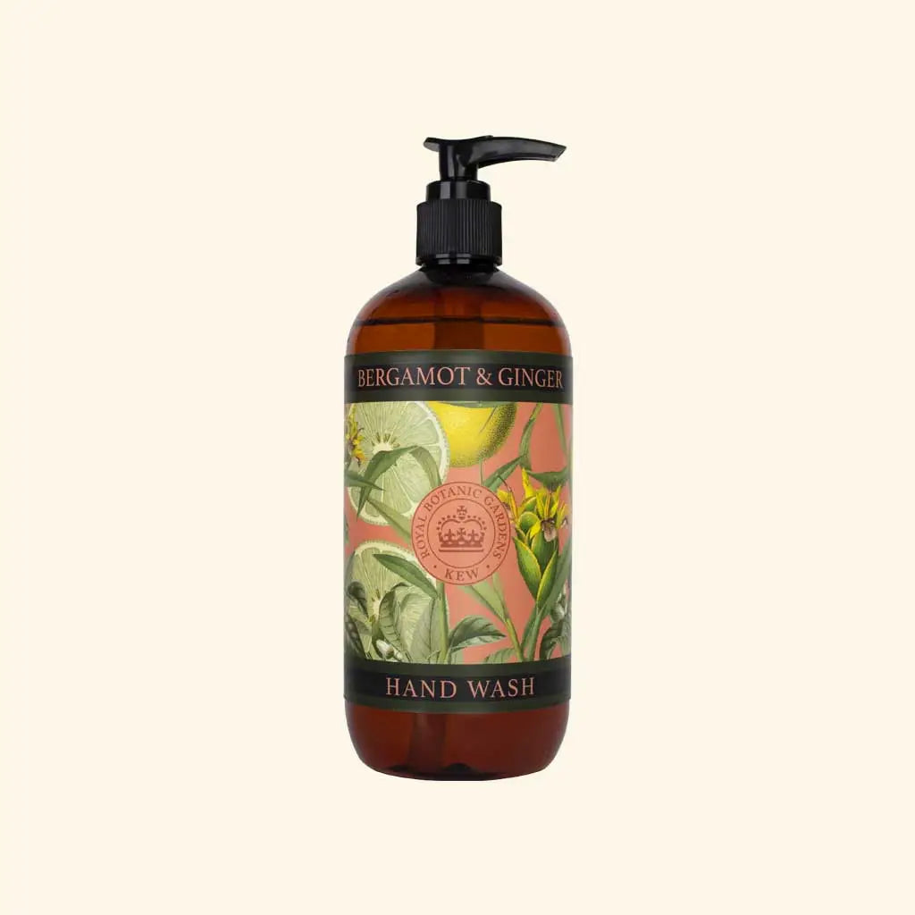 Kew Gardens Bergamot and Ginger Hand Wash bottle, 500ml with aloe vera and vitamin E, nourishing everyday use.