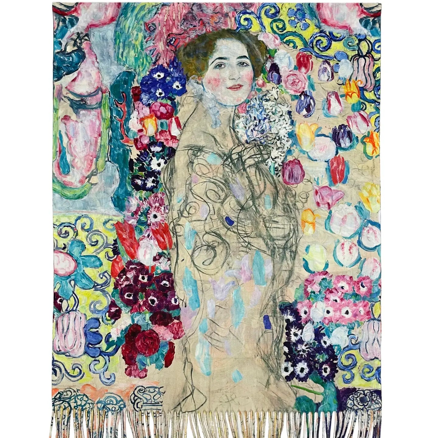 Klimt Portrait of Maria Munk reversible wool scarf with vibrant florals and tassels.