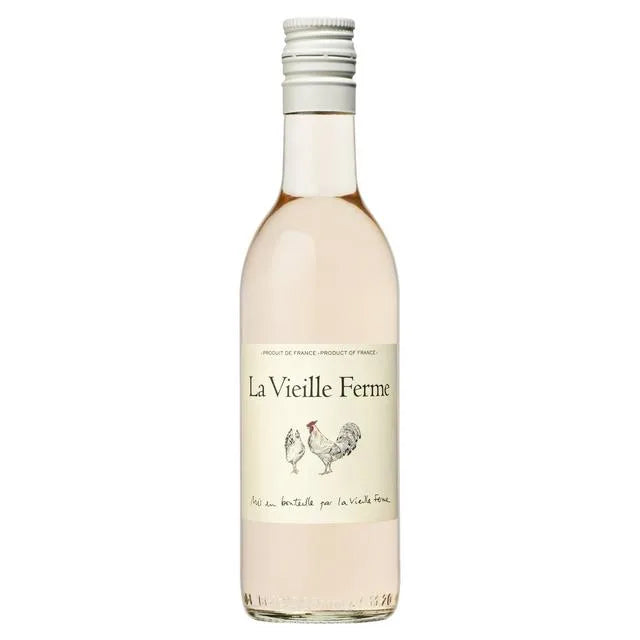 La Vieille Ferme Rose Wine 187ml bottle with label featuring a rooster and hen.