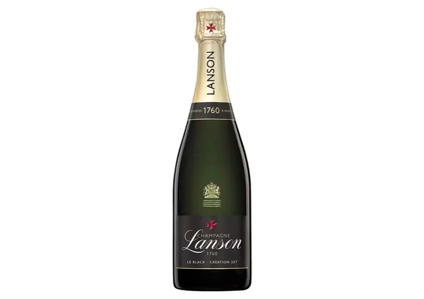 Lanson Champagne Black Label bottle with gold foil, featuring a classic label design.