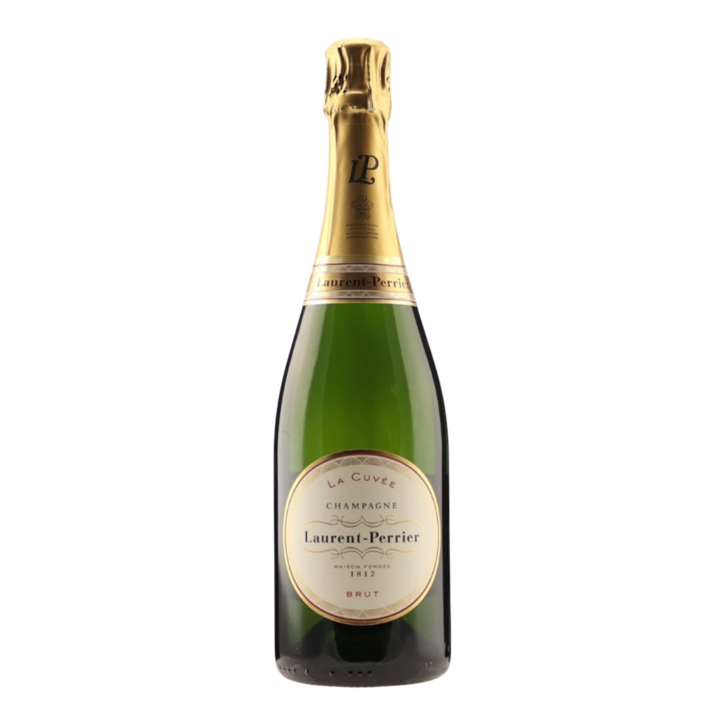 Bottle of Laurent-Perrier Champagne with its signature elegant label and foil.
