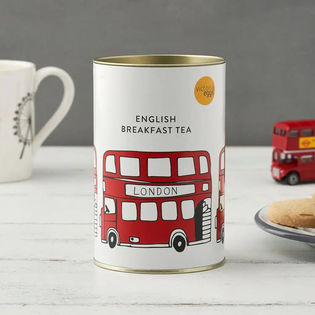 London Breakfast Tea tin with classic English double-decker bus design.