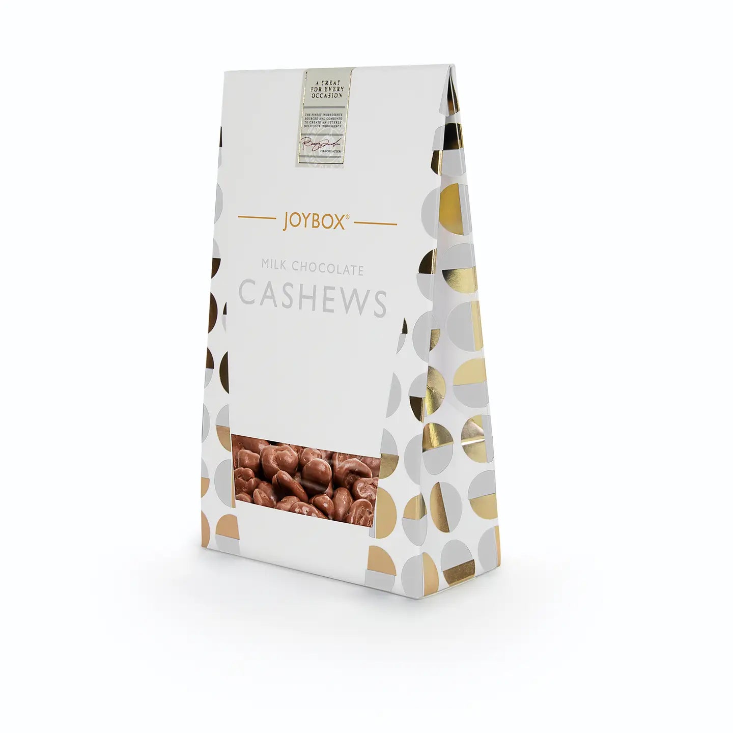 Milk Chocolate Cashews packaging with decorative gold accents.