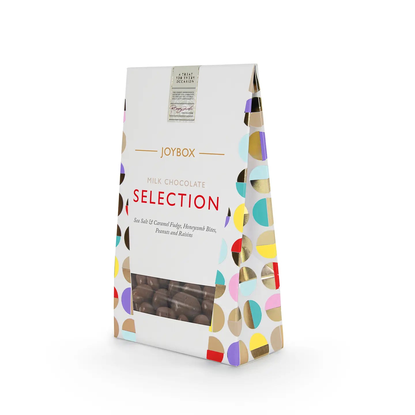 Milk Chocolate Selection with Sea Salt Caramel Fudge, Honeycomb Bites, Peanuts, and Raisins.
