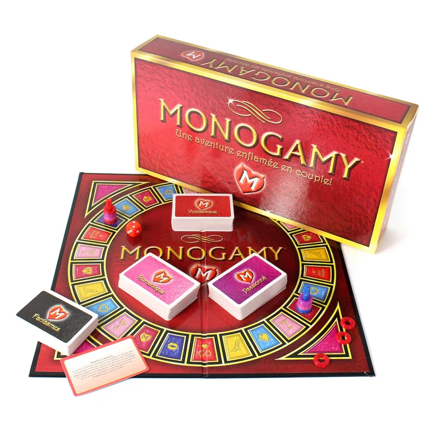 Couples Monogamy board game with cards and dice for intimate play.