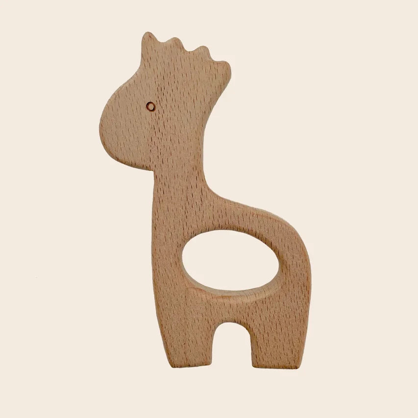 Giraffe shaped wooden baby teether made from eco-friendly beech wood.