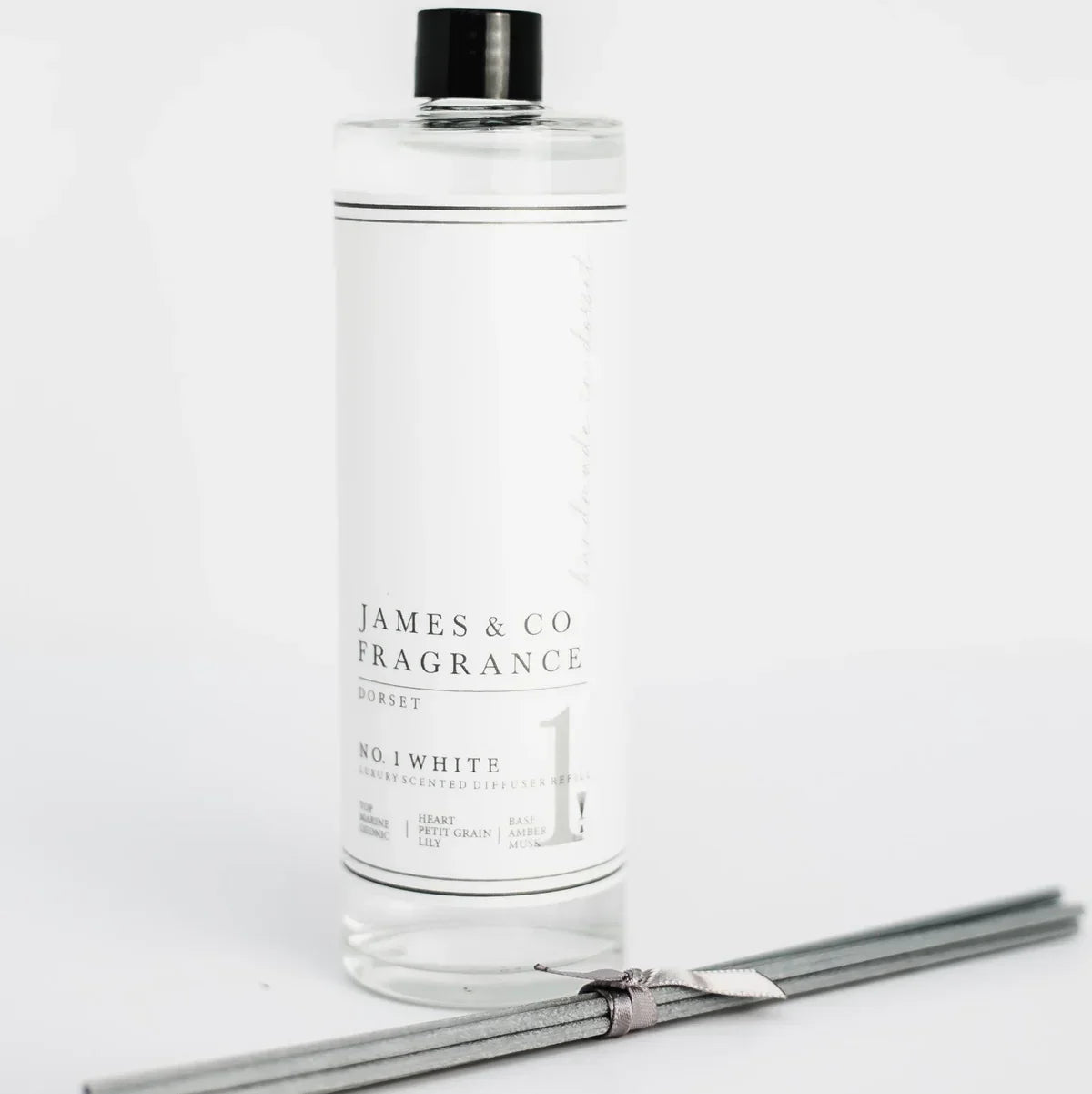 James & Co No1 White scented diffuser refill bottle with marine, petit grain, and musk fragrance.