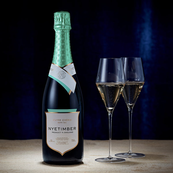 Nyetimber English Sparkling Wine bottle, estate-grown Chardonnay in off-dry Champagne style with citrus freshness and brioche aromas.
