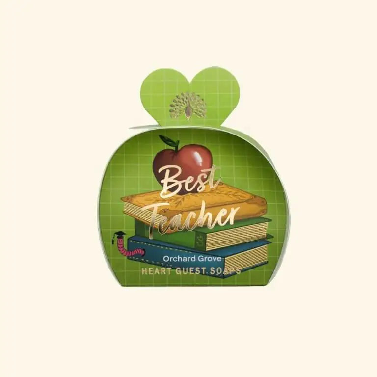 Occasions Orchard Grove Best Teacher heart-shaped guest soaps packaging with apple and books design.
