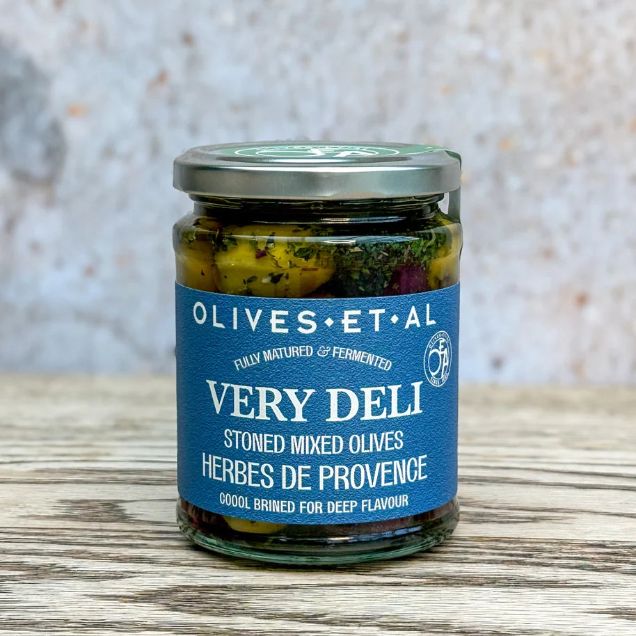 Olives Et Al Very Deli Herbed & Pitted Mixed Olives in jar with Herbes de Provence.