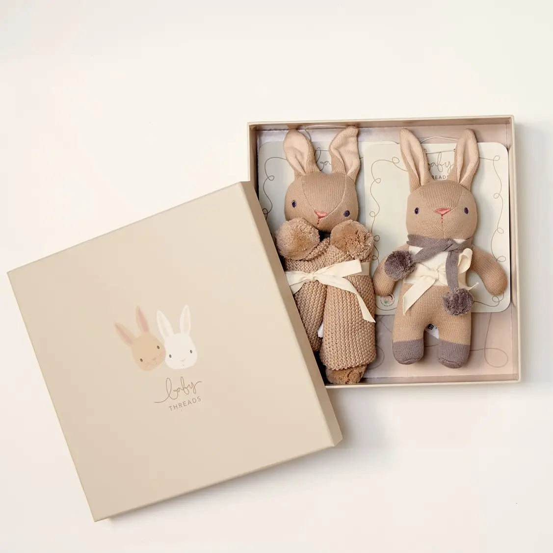 Soft bunny comforter and rattle set—perfect for soothing, snuggles, and sensory play.